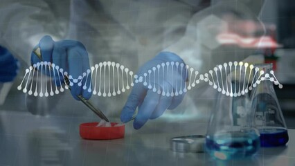 Animation of dna strands over caucasian female scientist