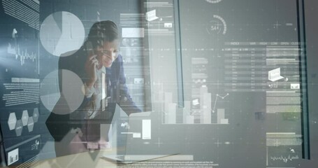 Animation of statistical data processing over caucasian businesswoman talking on smartphone - Powered by Adobe