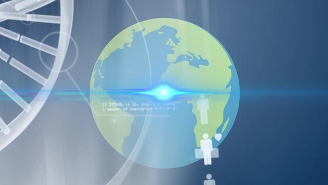 Animation of light passing through spinning globe with dna and scientific data on blue background