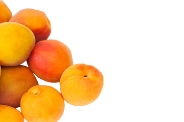 Beautiful apricots on a white texture. Isolated ripe peaches. Juicy white plums on a light background. Fruit growing concept.