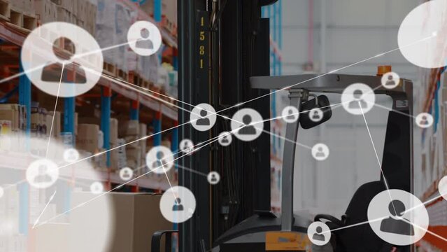 Animation of networks of connection with people icons over forklift in warehouse
