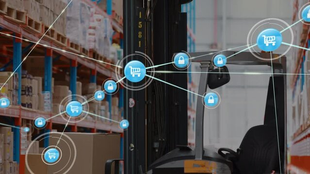 Animation of networks of connection with trolley icons over forklift in warehouse
