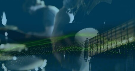 Animation of 3d digital landscape over caucasian male drummer and electric guitarist playing music - Powered by Adobe