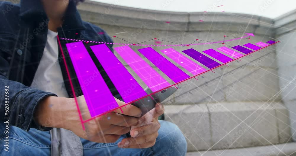 Poster animation of statistics data processing over biracial man using smartphone