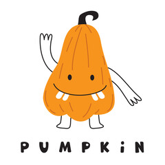 A cheerful orange pumpkin celebrates Halloween, laughs and dances. A vegetable with arms and legs scares boo! Trick or Treat
