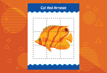 Cut and arrange with a fish worksheet for kids. Educational game for children