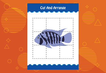Cut and arrange with a fish worksheet for kids. Educational game for children