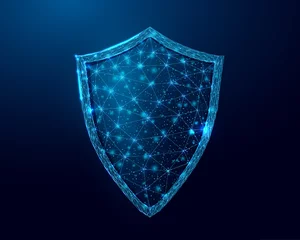 Foto op Plexiglas Guard shield. Cyber security concept with glowing low poly shield on dark blue background. Wireframe low poly design. Abstract futuristic vector illustration © Elena