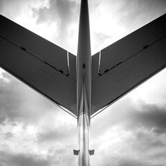 This artistic aircraft rendering of a business jet's horizontal tail image, in black and white, would make a great aviation illustration or art piece with a wide variety of uses. - 520837962
