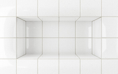 White glossy tiles bathroom or kitchen background with podium