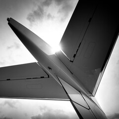 This artistic aircraft rendering of a business jet's horizontal tail image, in black and white, would make a great aviation illustration or art piece with a wide variety of uses. - 520837998