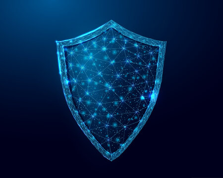 Guard shield. Cyber security concept with glowing low poly shield on dark blue background. Wireframe low poly design. Abstract futuristic vector illustration