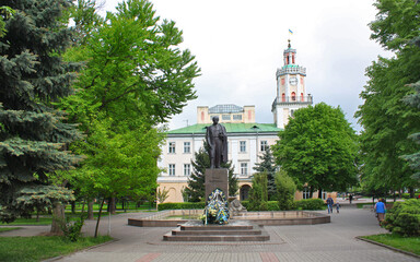 Monument to Taras Shevchenko near City Hall in Sambir, Lviv Oblast, Ukraine