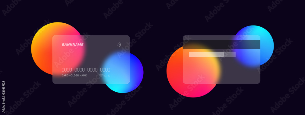 Poster Transparent bank card in glassmorphism style with soft matte transparency effect. Glass credit card, front and back. Blurred gradient circles design element.