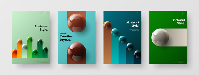 Clean realistic spheres cover illustration collection. Bright pamphlet A4 vector design template set.