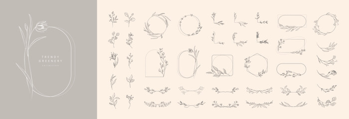 Set of floral design logo elements. Wreath borders dividers, frame corners and minimalist flowers branch. Hand drawn line wedding herb, elegant leaves for invitation save the date card. Botanical  - 520839364