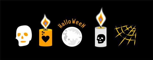 Halloween set on black background. The candles are lit, the fire is realistic, skulls are painted on the candles. Gray skull with yellow eyes, cobweb, moon. Flat style.

