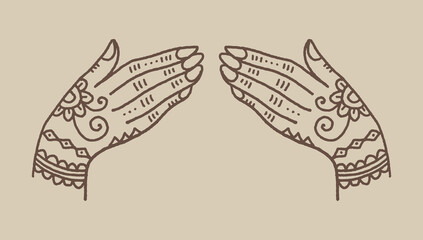 Woman henna art tattooed mehendi ornate hands. Indian traditional tattoo. Vector clipart illustration.