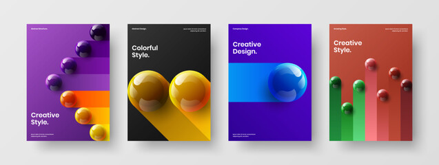 Fresh 3D balls company brochure template composition. Amazing handbill vector design layout set.