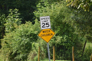 Speed limit watch children sign - obrazy, fototapety, plakaty