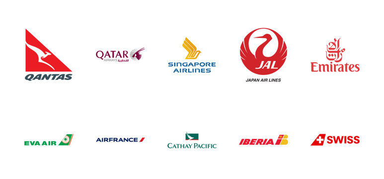 world's Top 10 airlines logo collection: Air France, Qantas, Eva Air, Cathay Pacific english, Japan Airlines, Emirates Airlines, Singapore Airlines, Qatar Airways, Editorial vector illustration.