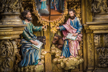 Fototapeta premium Russia Vologda Oblast Morozovitsa 07 21 2017 The fragment of 18th century wooden baroque iconostasis in the orthodox Troitse-Gledensky Monastery in the village of Morozovitsa near Veliky Ustyug