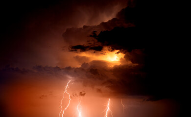Naklejka na ściany i meble Fork lightning striking down during summer storm