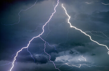 Fork lightning striking down during summer storm