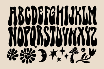 Hippie bohemian groovy postmodern funky font alphabet 1960s boho psychedelic style. Perfect for posters, collages, clothing, music albums and more. Vector clipart illustrations, isolated letters. - obrazy, fototapety, plakaty