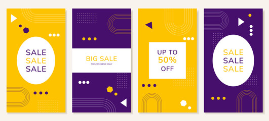 Abstract editable templates, banners for social media posts in yellow and purple. Background for discounts and promotions. Vector