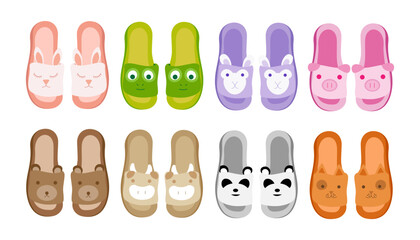 Set of colorful house slippers in cartoon style. Vector illustration of home clothes in the form of different animals on white background.