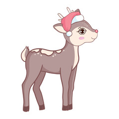 Vector illustration Cute cartoon Deer with gift in a Santa hat