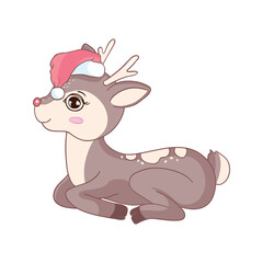 Vector illustration Cute cartoon Deer with gift in a Santa hat