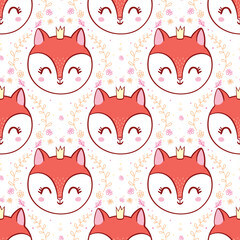 Cute fox seamless pattern, hand drawn forest background with flowers and dots