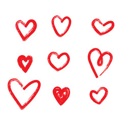 Big set of hand-drawn hearts on a white background. Doodle style.