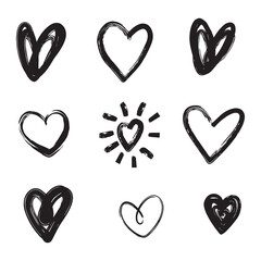 Big set of hand-drawn hearts on a white background. Doodle style.