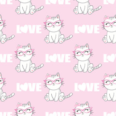 Pattern with cute cats. Kittens have rose-colored glasses.
