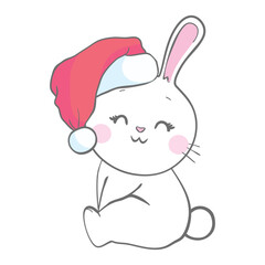 Cute rabbit card. Santa Claus hat on bunny vector illustration. New Year square banner with smiling bunny. Winter holiday package design. Flat forest animal.