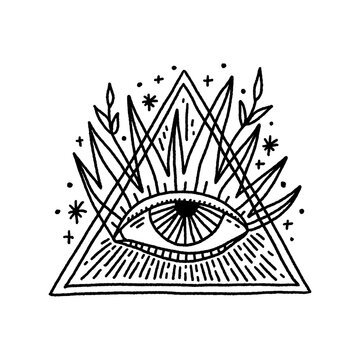 Eye of Providence vintage symbol. Masonic all seeing eye symbolic. Vector clipart illustration. Cool for tattoo, t-shirt, coloring book. Astrology, alchemy, dark boho magic concept.