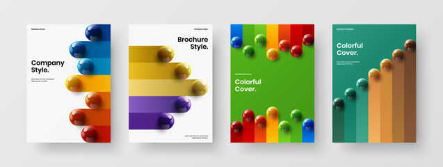 Minimalistic 3D balls company brochure illustration collection. Multicolored placard A4 design vector layout set.