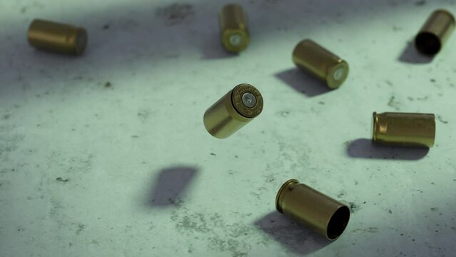 Super slow motion 9mm bullet falling on concrete floor with cinematic lighting.