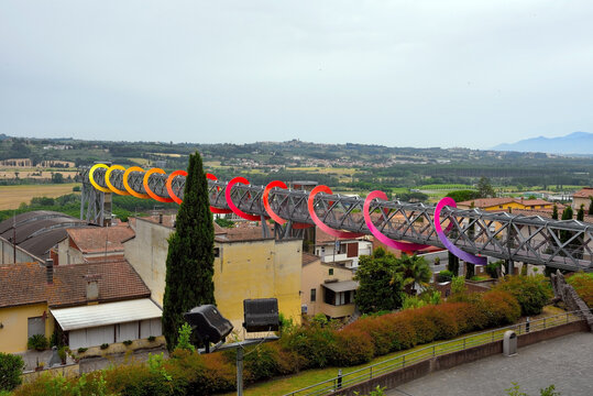 panorama and modern walkway of peccioli tuscany italy