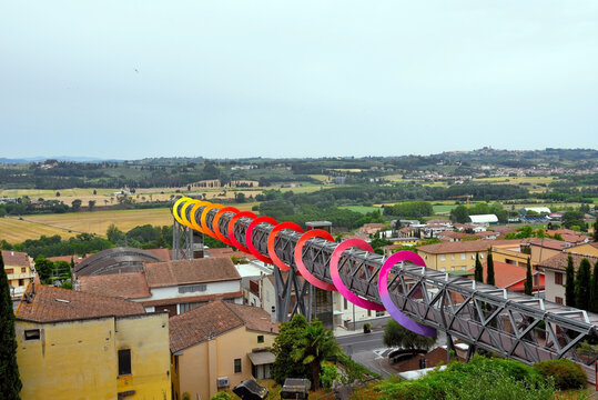 panorama and modern walkway of peccioli tuscany italy