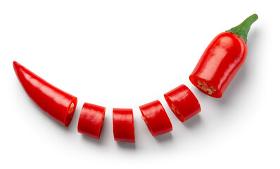 Chili pepper isolated. Cut chilli top view on white background. One red hot chili pepper top. Round slices. With clipping path.