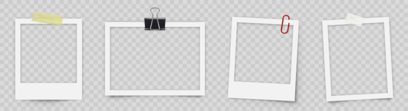 Realistic photo frame. White empty photo frame. Retro photograph with shadow. Photos hanging on adhesive tape and paper clip and binder paper clip - stock vector.