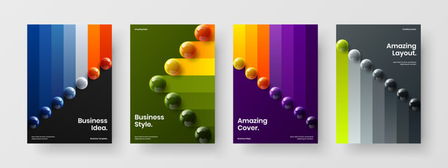 Bright corporate identity design vector illustration bundle. Trendy realistic balls leaflet layout set.