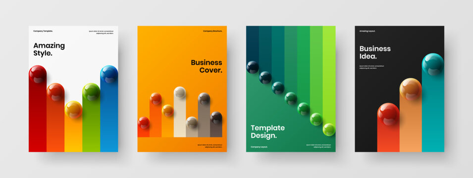 Amazing catalog cover A4 vector design concept composition. Vivid 3D spheres pamphlet layout set.
