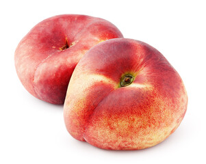 Two chinese flat donut peaches isolated on white background with clipping path. Full depth of field.