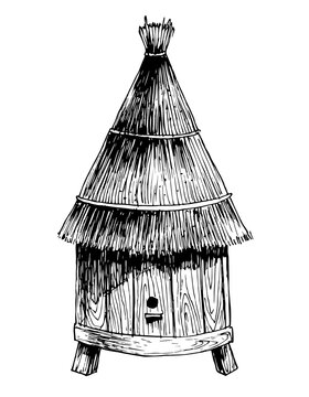 recommend clip art: Vintage beehive in sketch style. Hand drawn vector drawing of a bee house for honey production. Black illustration of the insect house