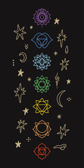 Fototapeta na wymiar Hand drawn chakra symbols set. Sacred geometry boho chakras system icons. Vector illustration.